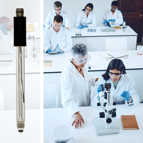 university students and microscope in a scientific lab for learning