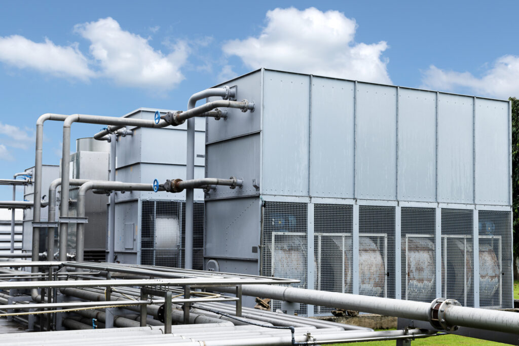 Power generation unit showing boiler water, cooling tower and condensate return locations